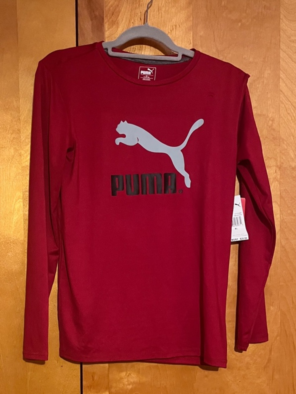 Puma Long-Sleeve Crewneck Tee with Contrast Logo - Red